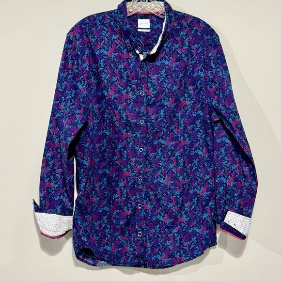 JB Holt Button Down Shirt L Blue Purple Pink Rose Dark Floral Flip Cuff Tailored - Picture 1 of 14